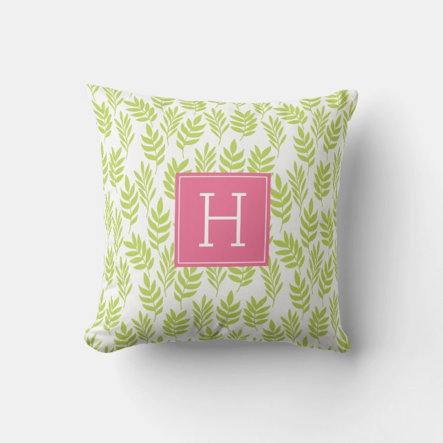Lime Green Leaves and Pink Monogram Throw Pillow (Front)