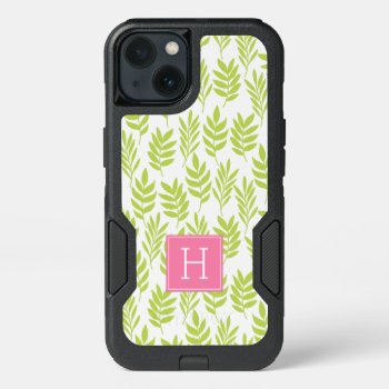 Lime Green Leaves Pattern And Pink Monogram Iphone 13 Case by heartlockedcases at Zazzle