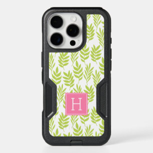 Lime Green Leaves Pattern and Pink Monogram iPhone 16 Pro Case