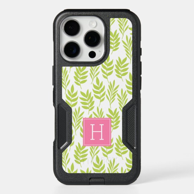 Lime Green Leaves Pattern and Pink Monogram Otterbox iPhone Case (Back)
