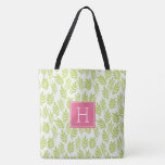 Lime Green Leaves Pattern And Pink Monogram Tote Bag at Zazzle