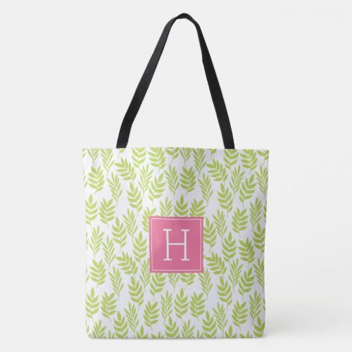 Lime Green Leaves Pattern and Pink Monogram Tote Bag
