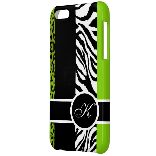 Lime Green Leopard and Zebra Animal Print Monogram iPhone Case (Back Left)