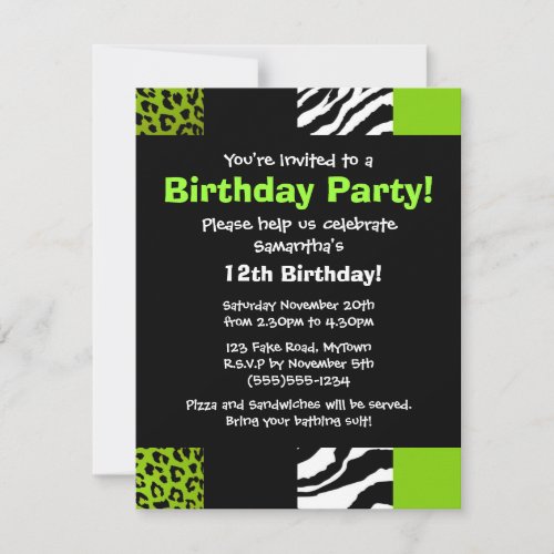 Lime Green Leopard and Zebra Animal Print Party Invitation