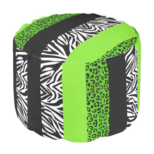 Lime Green Leopard and Zebra Animal Print Pouf (Angled Back)