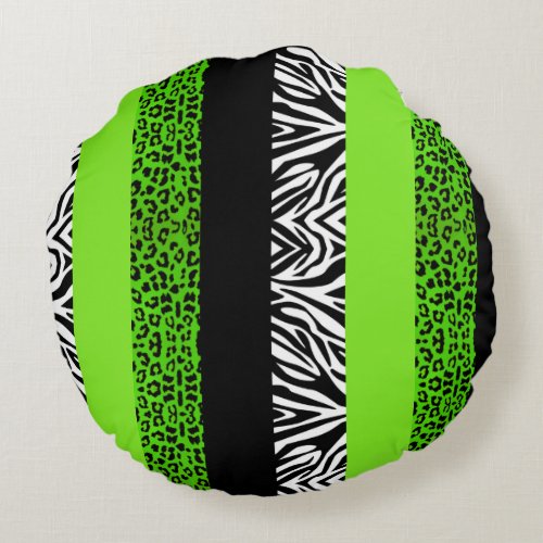 Lime Green Leopard and Zebra Animal Print Round Pillow