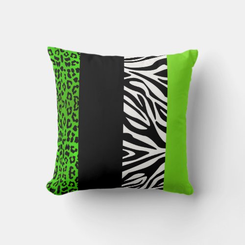 Lime Green Leopard and Zebra Animal Print Throw Pillow