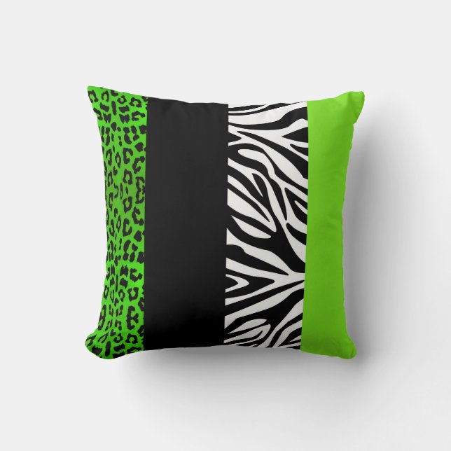 Lime Green Leopard and Zebra Animal Print Throw Pillow (Front)