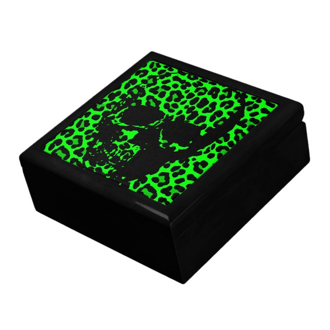 Lime Green Leopard print gothic skull Keepsake Box (Side)
