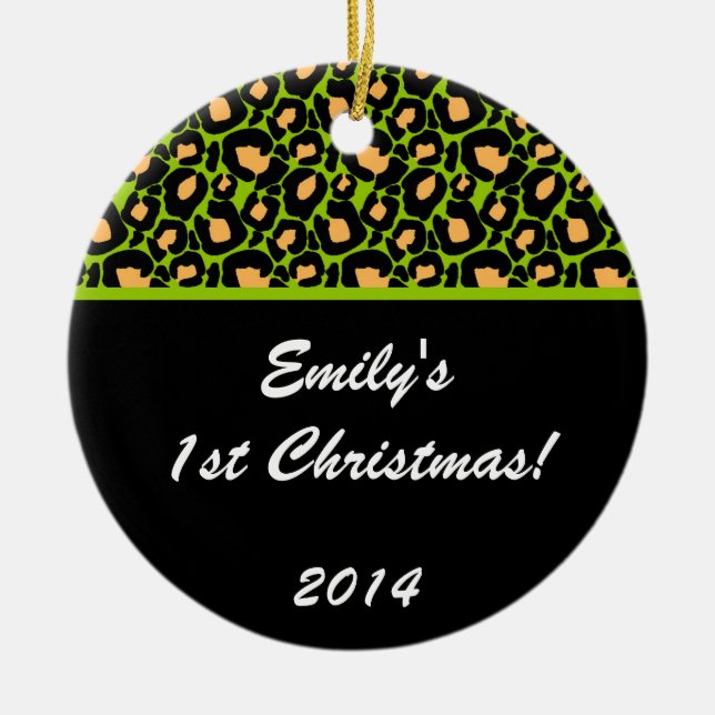 Lime Green Leopard Spot Personalized Name Ornament (Front)