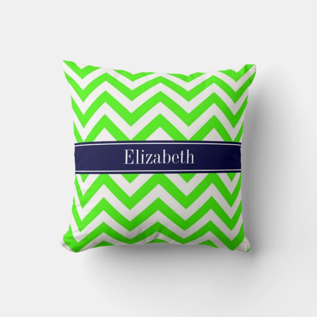 Lime Green LG Chevron Navy Blue Name Monogram Throw Pillow (Front)