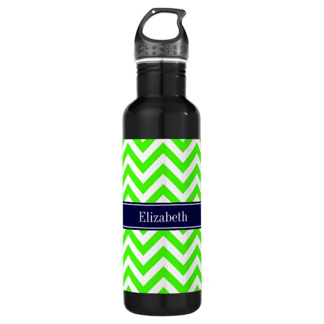 Lime Green LG Chevron Navy Blue Name Monogram Water Bottle (Front)
