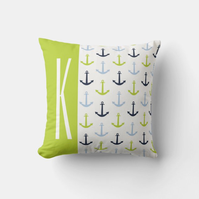 Lime Green, Light Blue, Navy, Nautical Anchors Throw Pillow (Front)