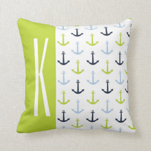 Lime Green, Light Blue, Navy, Nautical Anchors Throw Pillow