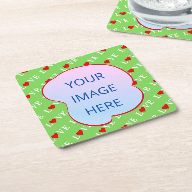 Lime Green LOVE Square Paper Coaster (Angled)