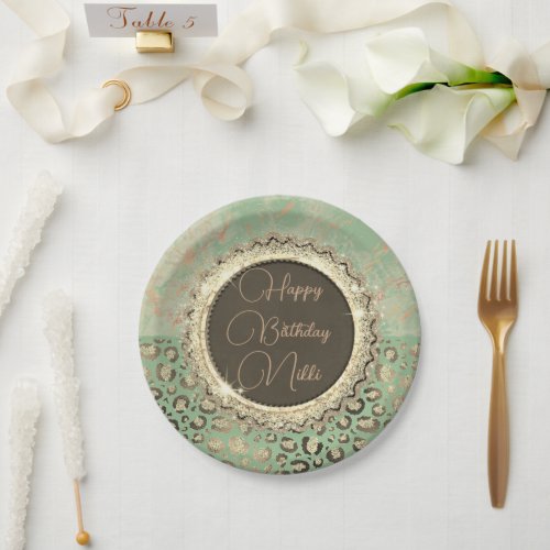 LIme Green Marble Glittery Leopard Birthday       Paper Plates