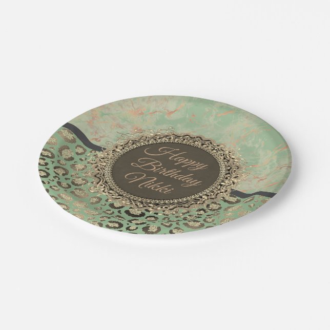 LIme Green Marble Glittery Leopard Birthday       Paper Plates (Angled)