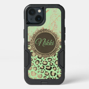 Lime Green Marble Glittery Leopard  iPhone 13 Case