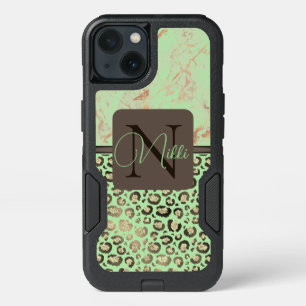 Lime Green Marble Glittery Leopard Personalized iPhone 13 Case