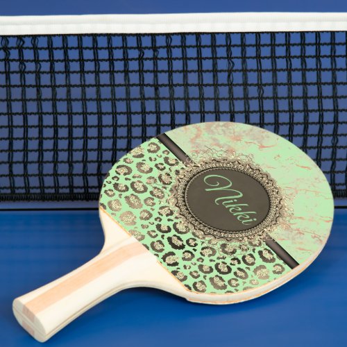 Lime Green Marble Glittery Leopard Personalized  Ping Pong Paddle