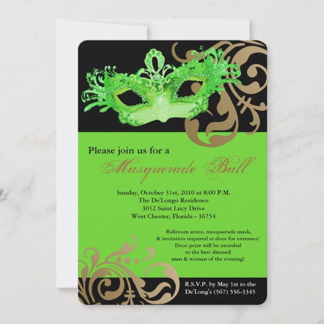 Lime Green Masquerade Mask Ball Costume Halloween Invitation (Front)