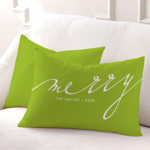Lime Green "Merry" Script Letters Decorative Lumbar Pillow