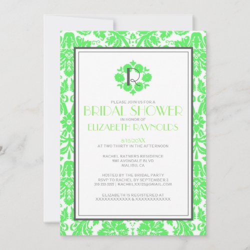 Lime Green Monogram Damask Bridal Shower Invites