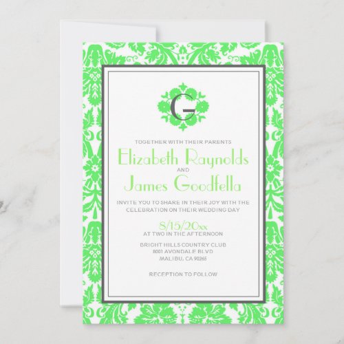 Lime Green Monogram Damask Wedding Invitations