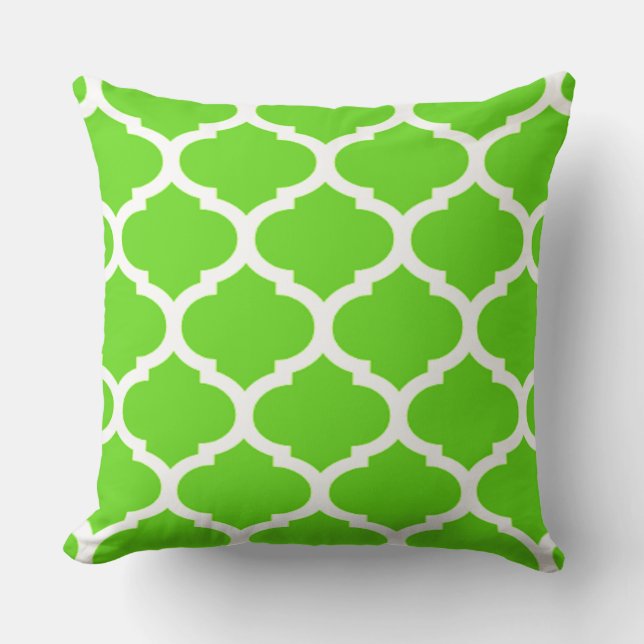 Lime Green Moroccan Quatrefoil Pattern Throw Pillow (Front)