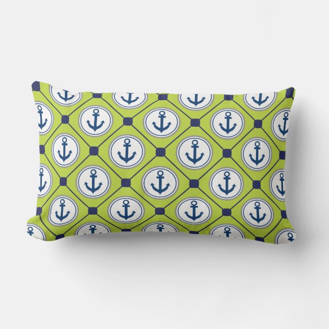 Lime Green Nautical Anchor Pattern Lumbar Pillow (Front)