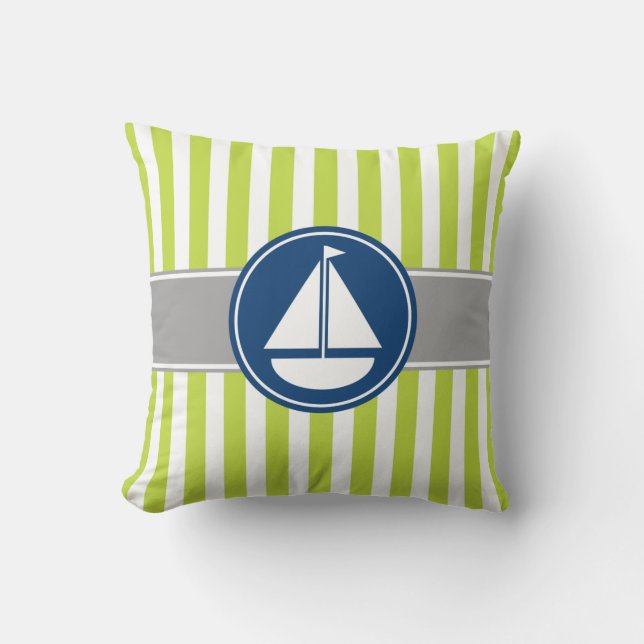 Lime Green Nautical Sailboat Stripes Throw Pillow (Front)