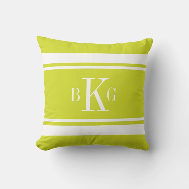 Lime Green Nautical Stripes Custom Monogram Throw Pillow (Front)