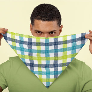 Lime Green, Navy and Turquoise Blue Plaid Bandana