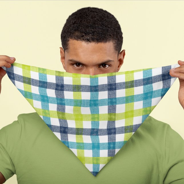 Lime Green, Navy and Turquoise Blue Plaid Bandana (Creator Uploaded)