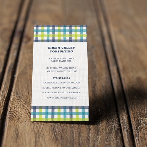 Lime Green Navy and Turquoise Blue Plaid Business Card