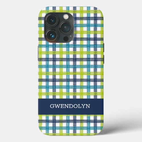 Lime Green Navy and Turquoise Blue Plaid iPhone 13 Pro Case