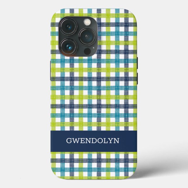 Lime Green, Navy and Turquoise Blue Plaid Case-Mate iPhone Case (Back)