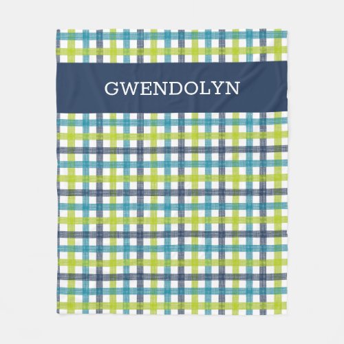 Lime Green Navy and Turquoise Blue Plaid Fleece Blanket