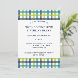Lime Green, Navy and Turquoise Blue Plaid Invitati Invitation