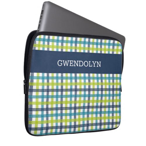 Lime Green Navy and Turquoise Blue Plaid Laptop Sleeve