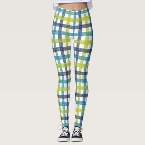 Lime Green Navy and Turquoise Blue Plaid Leggings