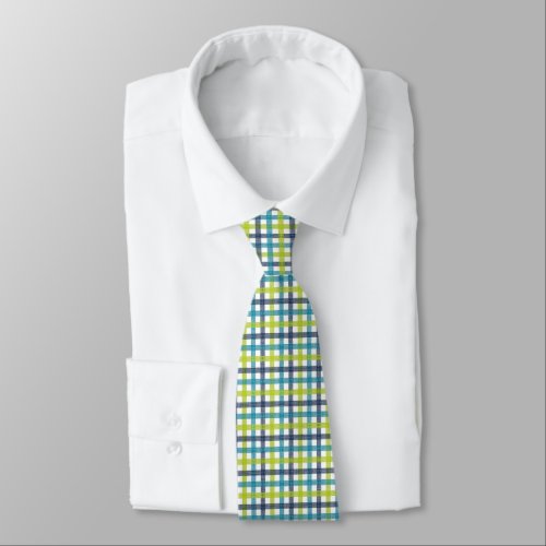 Lime Green Navy and Turquoise Blue Plaid Neck Tie