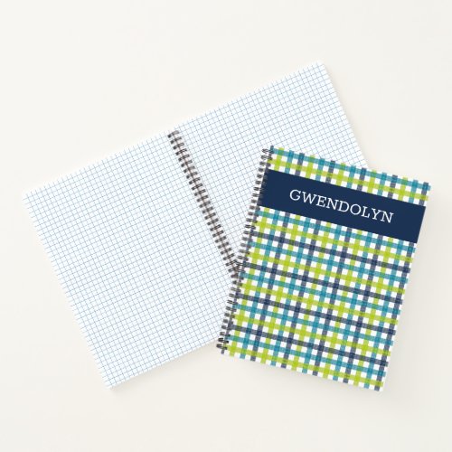 Lime Green Navy and Turquoise Blue Plaid Notebook