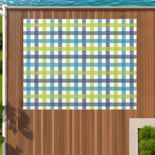 Lime Green Navy and Turquoise Blue Plaid Outdoor Rug