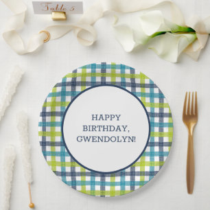 Lime Green, Navy and Turquoise Blue Plaid Paper Plates