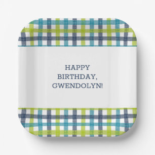 Lime Green, Navy and Turquoise Blue Plaid Paper Plates