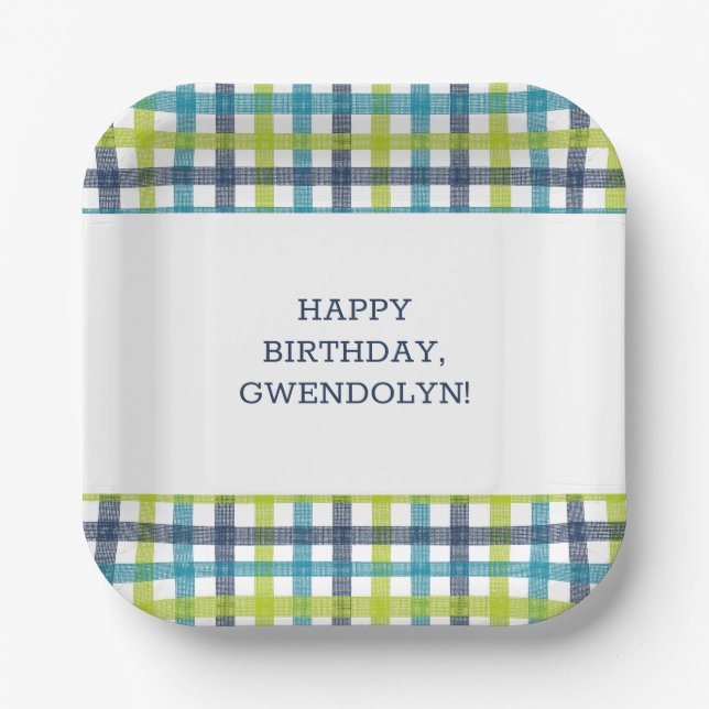 Lime Green, Navy and Turquoise Blue Plaid Paper Plates (Front)
