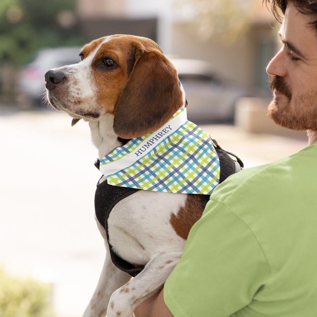 Lime Green, Navy and Turquoise Blue Plaid Pet Bandana Collar (Creator Uploaded)