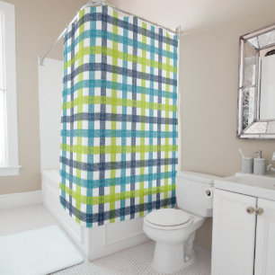 Lime Green, Navy and Turquoise Blue Plaid Shower Curtain