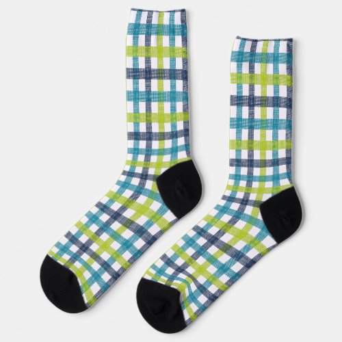 Lime Green Navy and Turquoise Blue Plaid Socks